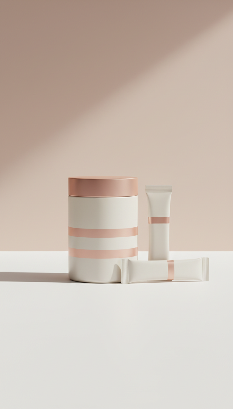 Collagen supplement tub with rose gold accents